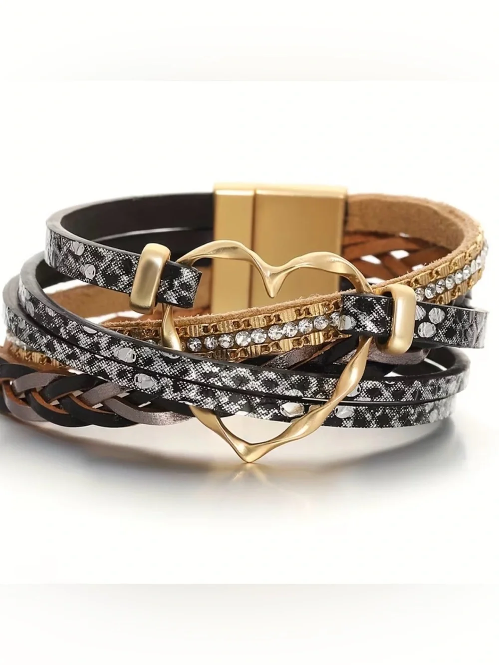 {NWT} Gold Heart Multi-Strand Bohemian PU Leather Women's Bracelet